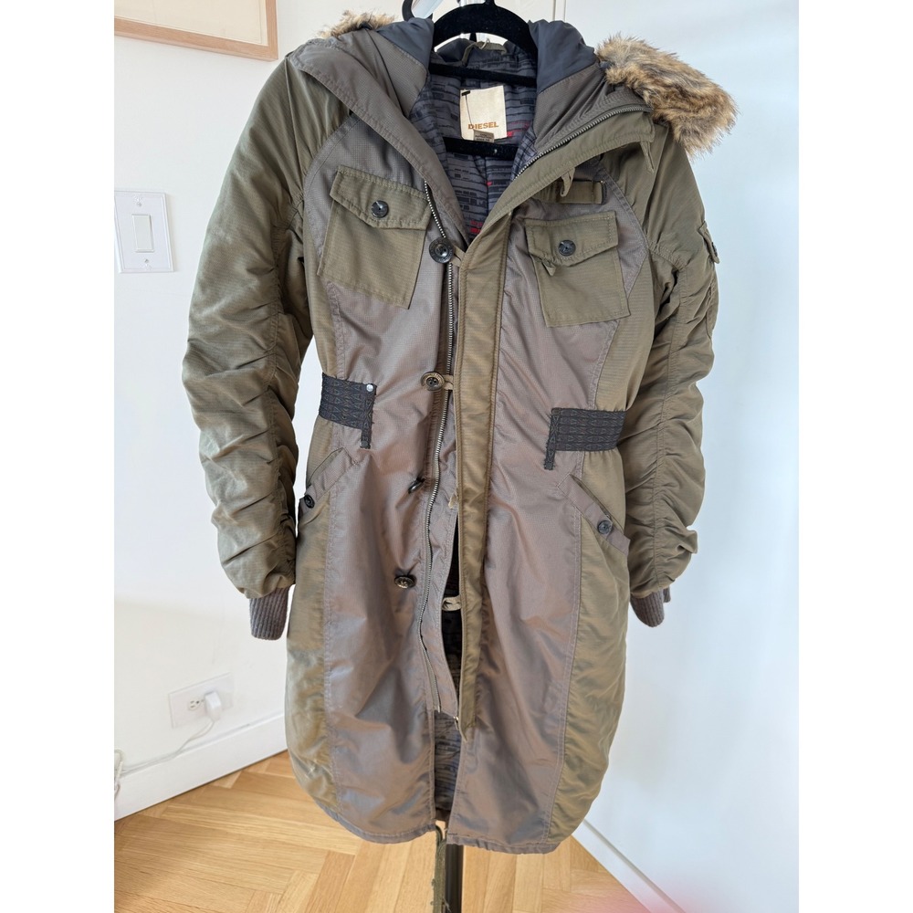 Diesel Womens Olive Green Mixed Media Faux Fur Hooded Parka Jacket XS